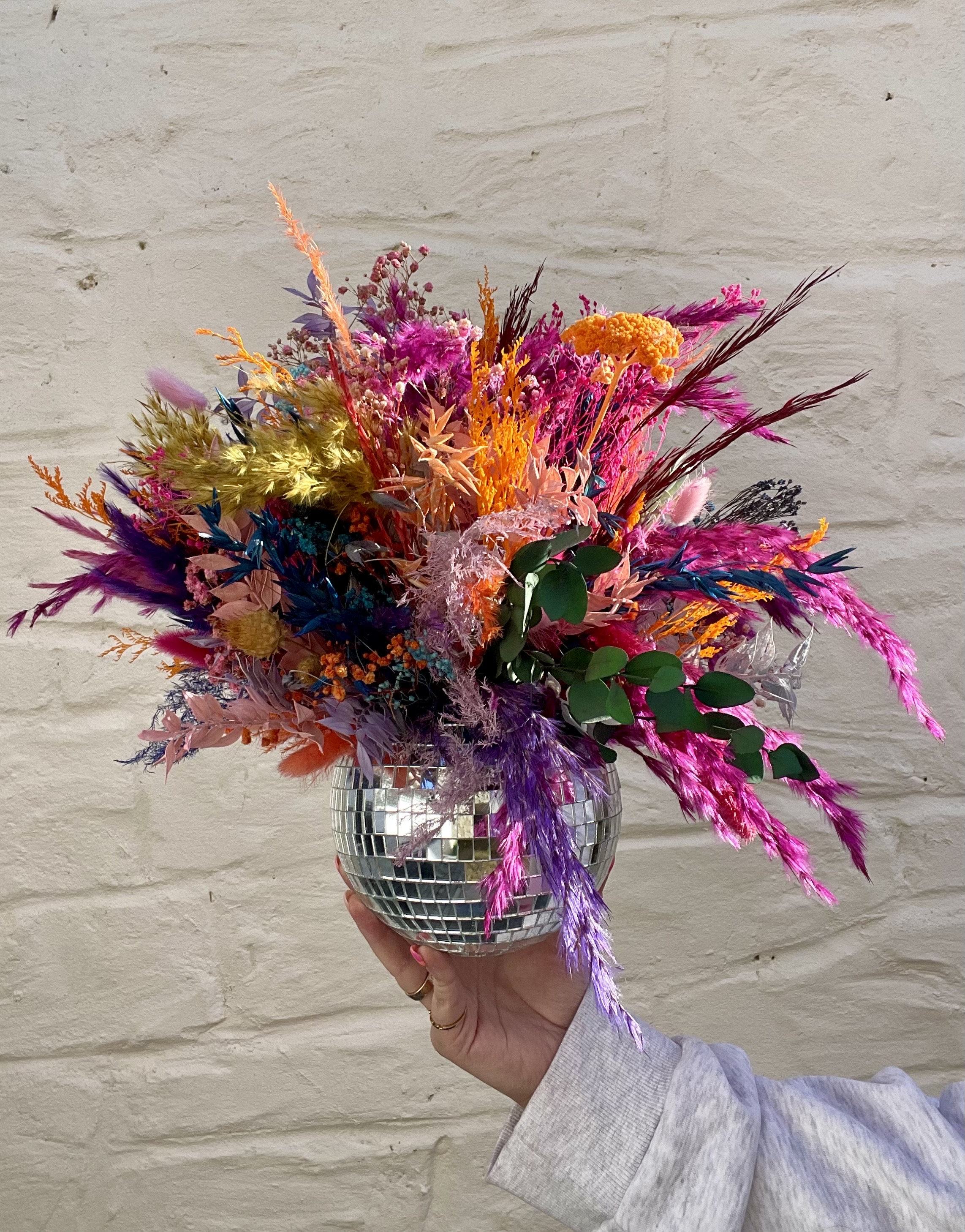 floral disco ball, wedding centrepiece, disco ball arrangement