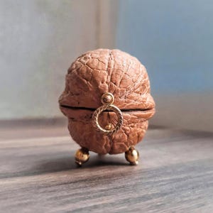May include: A decorative jewelry box crafted from a walnut shell. The brown shell has a textured surface, with a gold-coloured ring clasp and three small, gold-coloured feet. The box is a unique, handcrafted item.