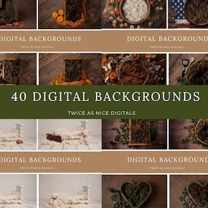 Könnte beinhalten: Eine Sammlung von 40 digitalen Hintergründen für Neugeborenenfotografie. Die Hintergründe bieten verschiedene Texturen und Farben, darunter Holz, Moos und Stoff. Die Hintergründe sind perfekt, um einzigartige und wunderschöne Neugeborenenfotos zu erstellen.