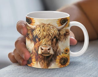 Highland Cow and Sunflower Mug Wrap – PNG Sublimation Design for 11oz & 15oz Mugs, Rustic Farmhouse Boho Cow Mug Art,  Digital Download