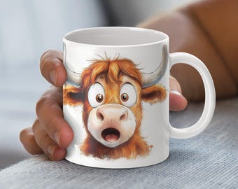 Mignonne vache Highland Mug Wrap Sublimation Design, tasse de 11 oz et 15 oz imprimable, téléchargement numérique amusant pour les amateurs de café