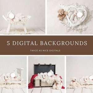 Paquete de insertos de cara de fondo digital para recién nacidos: 5 fondos con adorables trajes de osito de peluche, cama, maleta, cuenco con forma de corazón, taburete
