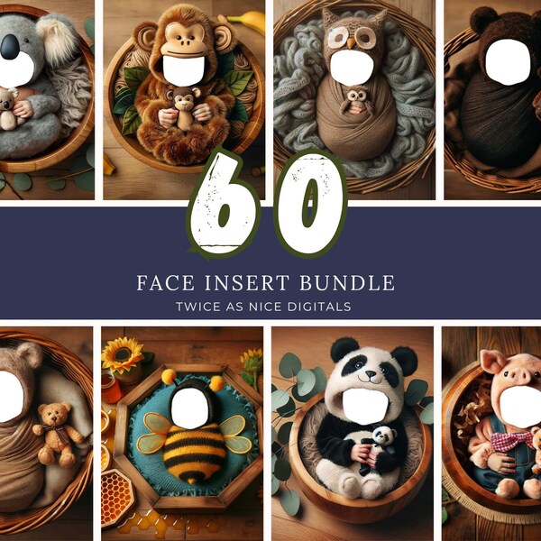 60 Face Insert Newborn Digital Backdrop Bundle: Themes Including Butterfly, Hedgehog, Owls, Parrot, Fox, Rabbit, Easter Bunny,