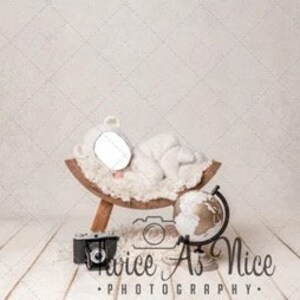 Puede incluir: Un peluche de oso blanco beb&eacute; est&aacute; acostado en un accesorio de luna creciente de madera. Un globo terr&aacute;queo y una c&aacute;mara vintage est&aacute;n en el suelo de madera blanca. El texto "Twice As Nice Photography" est&aacute; en el suelo.