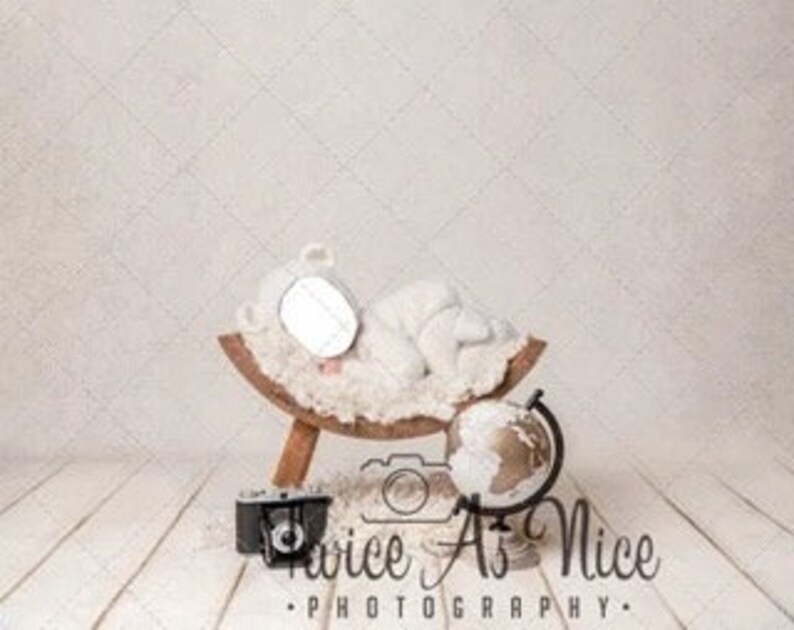 Puede incluir: Un peluche de oso blanco beb&eacute; est&aacute; acostado en un accesorio de luna creciente de madera. Un globo terr&aacute;queo y una c&aacute;mara vintage est&aacute;n en el suelo de madera blanca. El texto "Twice As Nice Photography" est&aacute; en el suelo.
