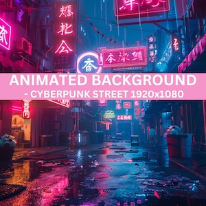 May include: Animated cyberpunk street scene with neon signs and rain reflecting on the wet pavement. The scene is set at night and features a variety of shops and businesses.