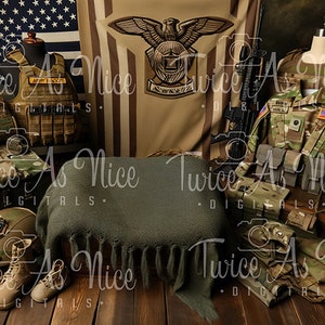May include: A display of military-themed items, including camouflage vests, a uniform, a helmet, boots, and a rifle. An American flag and a banner with an eagle emblem are in the background. The items are arranged on a wooden surface.