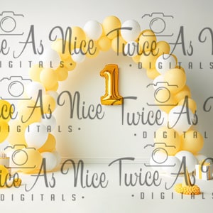 Könnte beinhalten: Eine weiße Wand mit einem gelben und weißen Ballonbogen, einem goldenen Ballon mit der Nummer eins und einem Kuchen mit Kerzen. Der Text "Twice As Nice DIGITALS." wird im gesamten Bild wiederholt.