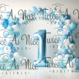 First Birthday Cake Smash Digital Backdrop, Blue Balloon Arch Background, Boy&#39;s 1st Birthday Party Photography Download