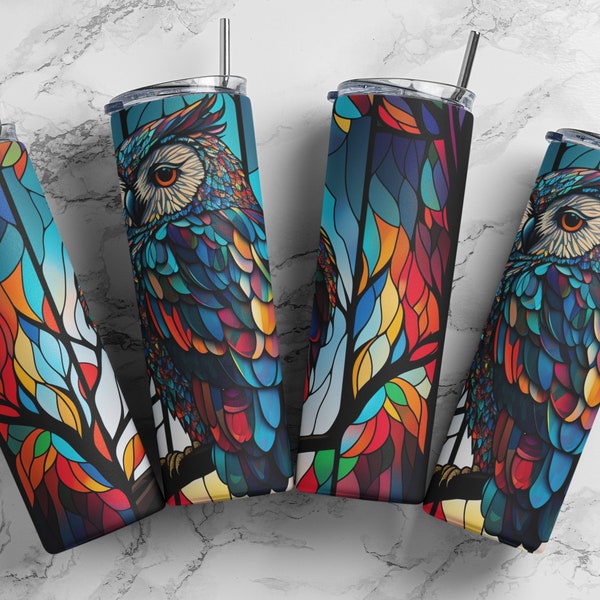 Stained Glass Owl tumbler wrap  20oz Sublimation Tumbler Design Straight Skinny Tumbler Wrap, High-Quality PNG, Digital Download