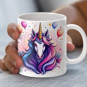 Einhorn Mug Wrap digitaler Download, bunte Einhorn-Illustration, Sofort-Download, perfekt für Geburtstagsgeschenke, niedliches Einhorn-Becher-Design