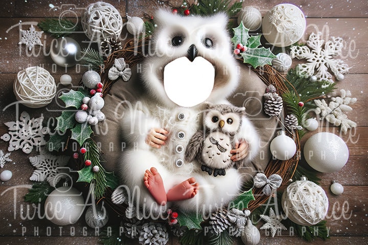 Newborn Christmas Owl Face Insert Digital Backdrop - Festive Christmas Photography Background for Ba