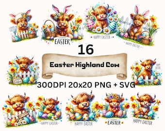 16 Easter Highland Cow SVG Bundle, Easter Clipart Bundle - Easter Highland Cow Png | 20x20" 300dpi PNG | Digital Download Highland Cow Png
