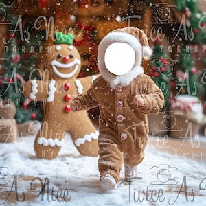 May include: A child wearing a brown gingerbread man costume walks through a snowy winter scene. The child's face is obscured by a white Santa hat with a blank circle for a face. A gingerbread man cookie stands in the background.