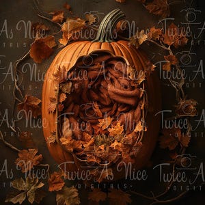 May include: A brown pumpkin with a brown fabric inside and autumn leaves around it. The pumpkin is on a dark brown background.
