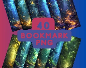 Bokmärken PNG, Fantasy Starry Night Forest utskrivbara bokmärken bunt, skriva ut och klipp bunt med 40 PNG sublimering, kommersiellt bruk