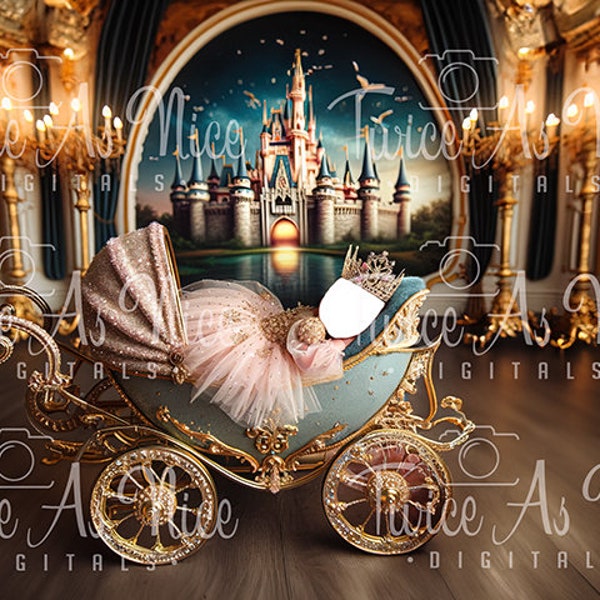 Enchanted Castle Princess Newborn Digital Backdrop, Fairytale Carriage Photo Background, Fantasy Photography Prop, Instant Download for Girl