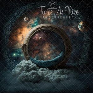 May include: A digital backdrop featuring a space-themed scene with a round porthole window, a blue cloud, and a starry sky with planets. The text "Twice As Nice Photography" is visible at the top of the image.