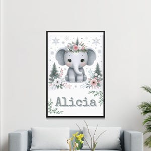Arte de pared editable con un lindo elefante para la habitación de un bebé, decoración personalizada para la habitación de un bebé, impresión A4 para niños, póster con nombre personalizado, arte imprimible