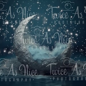May include: A silver crescent moon with a white fluffy cloud inside, against a dark blue background with white sparkling stars. The text "Twice As Nice Photography" appears at the top and bottom of the image.