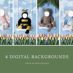 May include: Four digital backgrounds featuring a baby on a swing in front of a field of tulips. The baby is wearing a variety of costumes, including a bunny, a bee, and a bear. The backgrounds are perfect for creating custom photo cards or invitations.