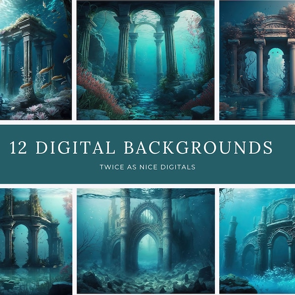 Magical Underwater Adventures: 12 Underwater Digital Backdrops for Enchanting Children's Portraits - Perfect For Mermaids