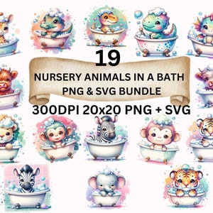 Małe zwierzęta w kąpieli Clipart Png i Svg | 19 wysokiej jakości przezroczystych obrazów | Wystrój pokoju dziecięcego | Urocze ilustracje zwierząt | Wydruki cyfrowe