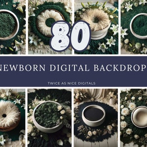 May include: 80 Newborn Digital Backdrops. A collection of digital backdrops featuring a variety of textures and colors, including green, white, and brown. The backdrops are perfect for newborn photography.