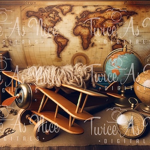 May include: A vintage wooden airplane with a globe, compass, and antique clock on a brown surface with a world map in the background.