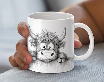 Highland Cow Mug Wrap Digital Design, Cute Cow Illustration Mug Wrap, 11oz and 15oz Sublimation Wrap, Instant Download