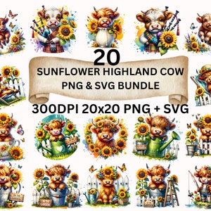 20 ひまわりハイランド牛 SVG バンドル、夏のクリップアートバンドルハイランド牛 PNG | 20x20" 300dpi PNGデジタルダウンロードひまわりハイランド牛 SVG