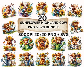 20 Sunflower Highland Cow SVG Bundle, Summer Clipart Bundle Highland Cow Png | 20x20" 300dpi PNGDigital Download Sunflower Highland Cow Svg