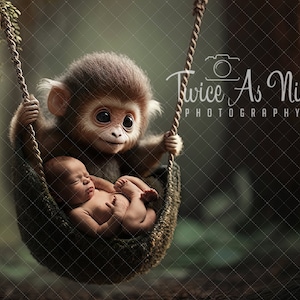 Fondo digital para recién nacidos con monos, fondo digital de vida salvaje, fondo digital para recién nacidos, fondo de animales para recién nacidos, columpio digital para recién nacidos