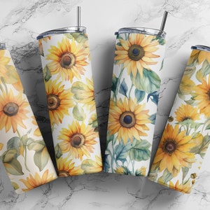 4x Aquarell Sonnenblume Tumbler Wrap 20 Unzen Sublimationsbecher Wrap Bundle Skinny Tumble PNG, Floral Mom Tumbler Design, digitaler Download