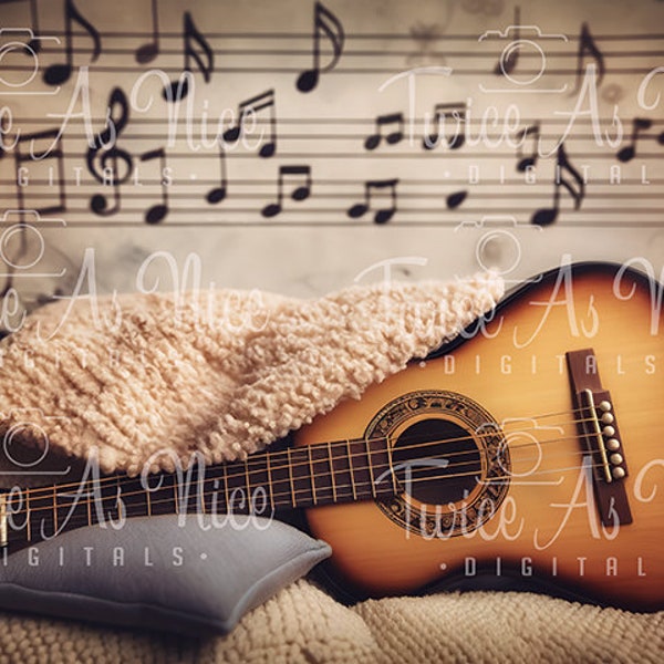 Newborn Digital Backdrop with Guitar, Musical Notes, Cozy Nursery Background for Boy or Girl