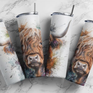 Watercolour Highland Cow Tumbler Wrap 20oz Sublimation Tumbler Designs, Straight Skinny Tumbler  PNG, Sublimation Tumbler Designs, 9.2 x 8.3