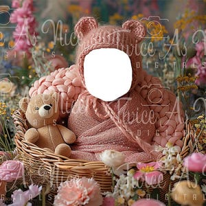 Toile de fond numérique nouveau-né, nouveau-né de fond numérique floral, fond d&#39;insertion de visage de nouveau-né, composite numérique de nouveau-né, nounours