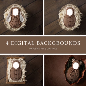 Può includere: Quattro sfondi digitali con un completo per neonato in maglia marrone con orecchie da orso in diverse ambientazioni. L'abito ha un bottone bianco e un fiocco bianco. Gli sfondi includono un cesto di legno, una cassa di legno, un pavimento di legno e uno sfondo marrone.