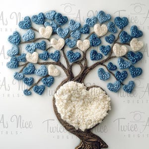 May include: A white crocheted heart-shaped nest sits in the center of a blue and white crocheted heart tree. The tree is made of yarn and has a brown trunk.