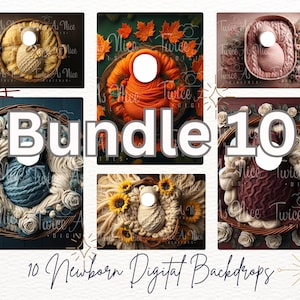 Op de afbeelding: Bundel van 10 digitale newborn-achtergronden met verschillende thema's, waaronder een mand met garen, een mand met zonnebloemen en een mand met herfstbladeren. De tekst "Bundle 10" wordt weergegeven in grote, vetgedrukte letters.