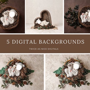 Op de afbeelding: Vijf digitale achtergronden met een pasgeboren baby in een mand met een teddybeer, een hartvormig houten accessoire en groen. De achtergronden zijn perfect voor fotografen en scrapbookers.
