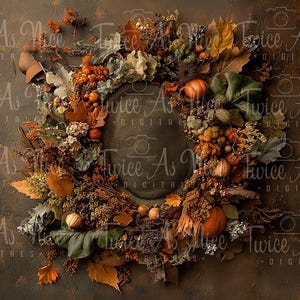 Può includere: Una ghirlanda autunnale con una varietà di elementi naturali, tra cui foglie, bacche e zucche. La ghirlanda è disposta in cerchio e ha un'atmosfera rustica e autunnale.