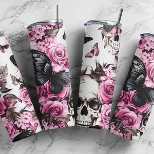 Seamless Gothic Skull & Rose Tumbler Wrap 20 oz Sublimation Tumbler Design ,9.2x8.3&quot; Straight Skinny Tumbler Wrap, Sublimation PNG,