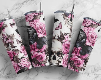 Seamless Gothic Skull & Rose Tumbler Wrap 20 oz Sublimation Tumbler Design ,9.2x8.3&quot; Straight Skinny Tumbler Wrap, Sublimation PNG,