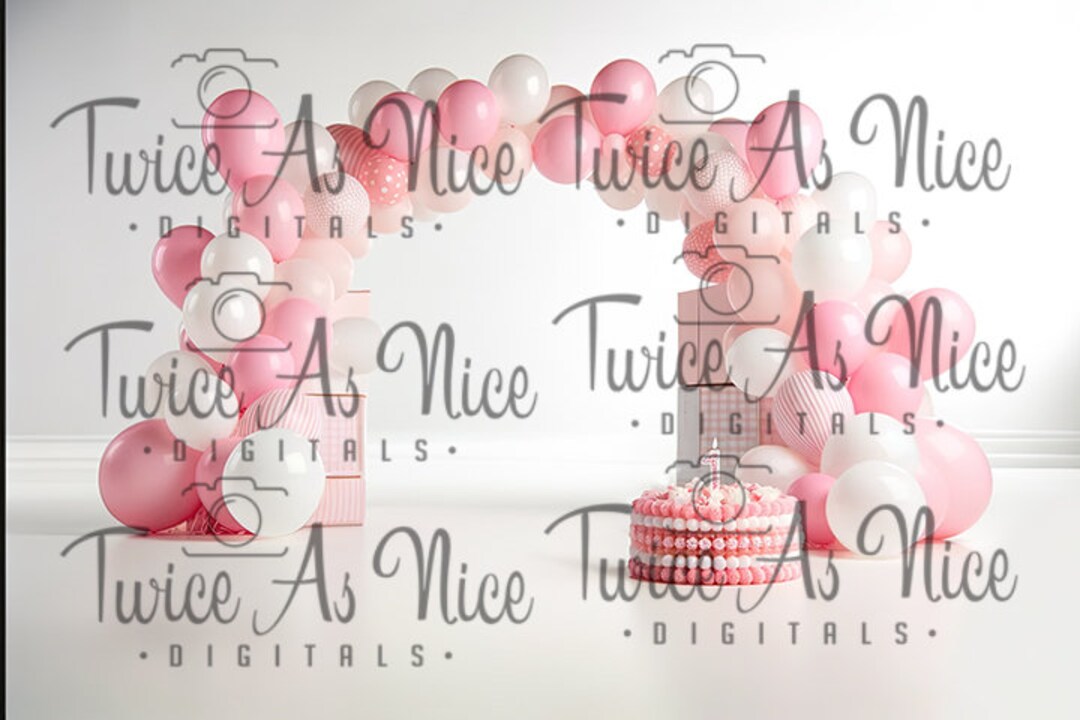 Pink Balloon Arch Digital Backdrop for Cake Smash, First Birthday Party