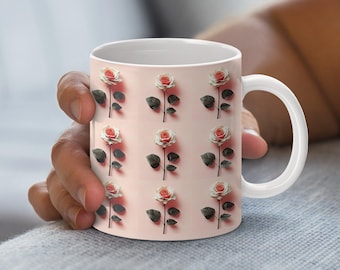 Pink Rose Mug Sublimation Design, PNG Mug Wrap, 11oz and 15oz Mug Wrap, Digital Download Only, Floral Design for Mugs