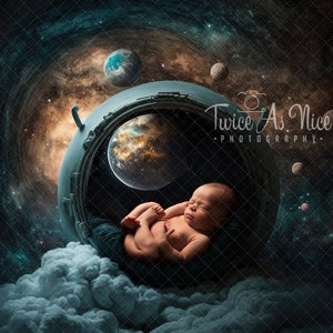 May include: A newborn baby sleeping peacefully inside a spaceship-like pod, surrounded by a starry night sky with planets and clouds. The text "Twice As Nice Photography" is visible in the upper right corner.