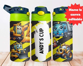 Editable Kids Construction Tumbler Wrap, 12oz Sippy Cup Digital Design, 12oz Tumbler Template, Excavator Cup Wrap 9x5.5 inches