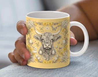 Diseño de sublimación para envoltorio de taza con diseño de vaca de las tierras altas, taza con diseño de vaca floral PNG, diseño de taza con descarga digital, envoltorio de taza con descarga instantánea, vaca de 11 oz y 15 oz