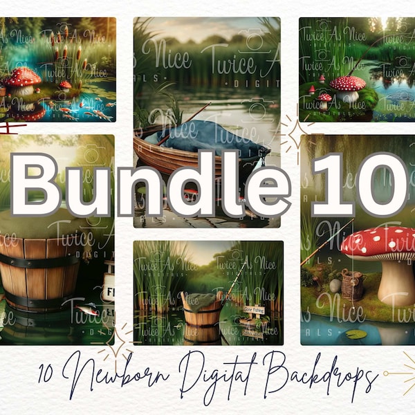 Fishing Themed Newborn Digital Backdrops Bundle, 10 Fantasy Forest Scenes, Baby Photo Background, Unisex Digital Download
